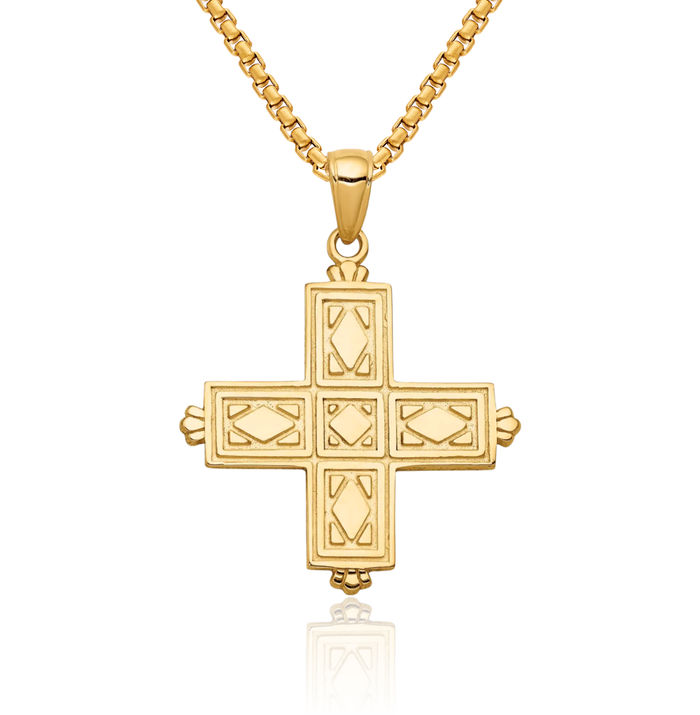 14K Solid Yellow Gold Square Latin Mexican Holy Cross Crown Necklace Religious Chain Pendant Jesus Christ Charm