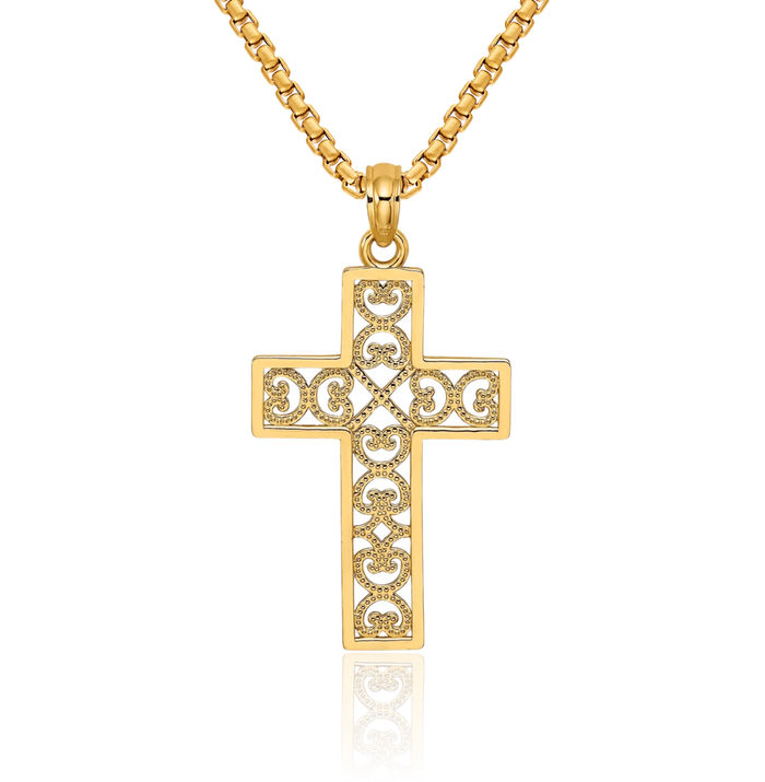 14K Solid Yellow Gold Square Latin Mexican Holy Cross Heart Necklace Religious Chain Pendant Jesus Christ Charm