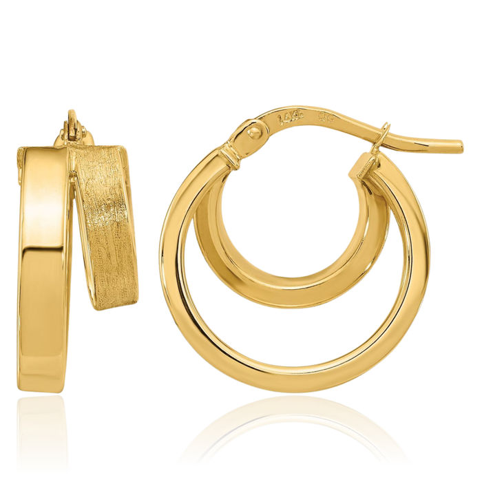 14K Solid Yellow Gold Square Tube Double Round Small Hoop Earrings