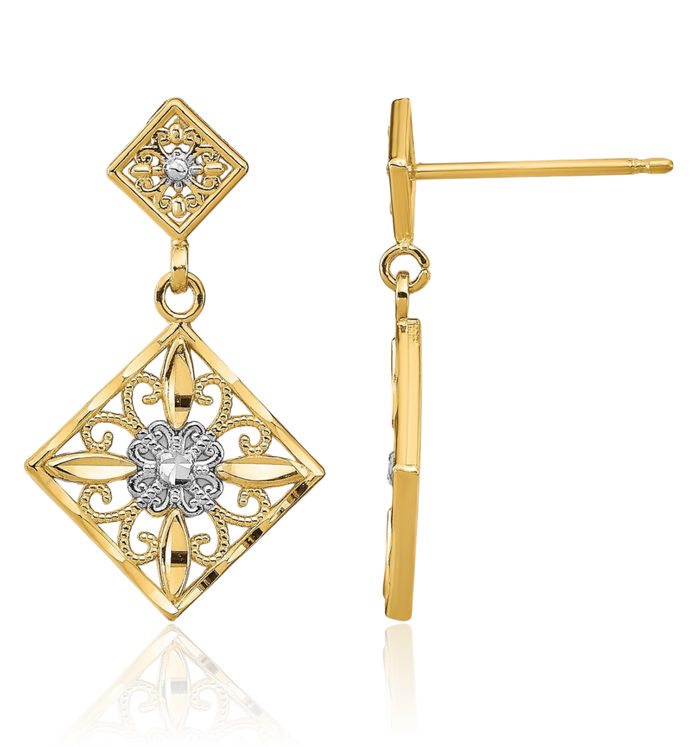 14K Solid Yellow Gold Square Antique Filigree Drop Dangle Earrings