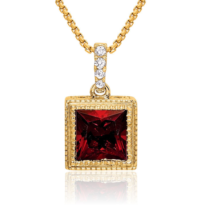 14K Solid Yellow Gold Square Red Garnet Diamond Necklace Charm Gemstone Pendant