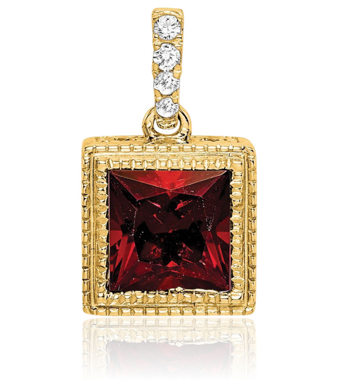 14K Solid Yellow Gold Square Red Garnet Diamond Necklace Charm Gemstone Pendant