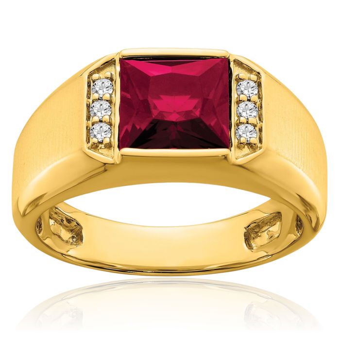 14K Solid Yellow Gold Square Lab Red Ruby Diamond Mens Ring July Birthstone Jewelry