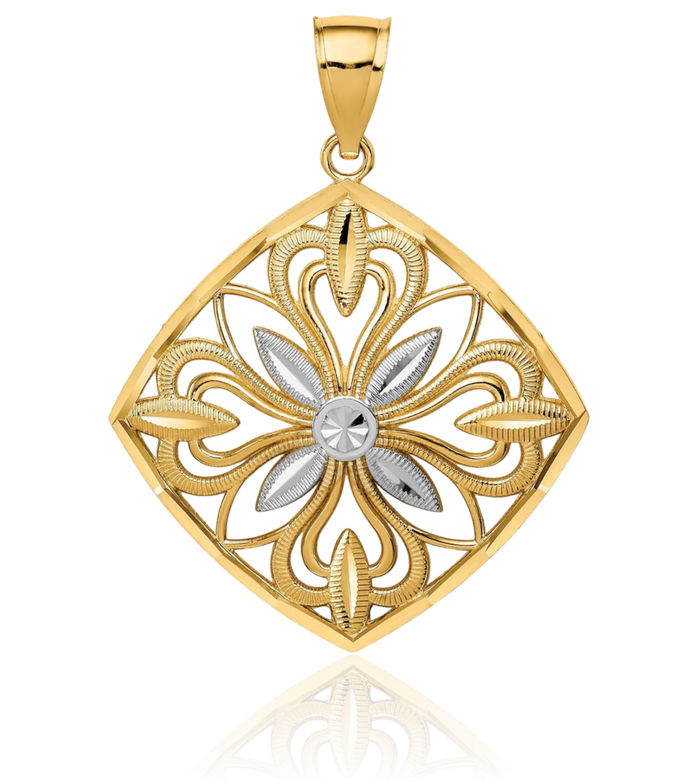 14K Solid Yellow Gold Square Necklace Chain Pendant Charm