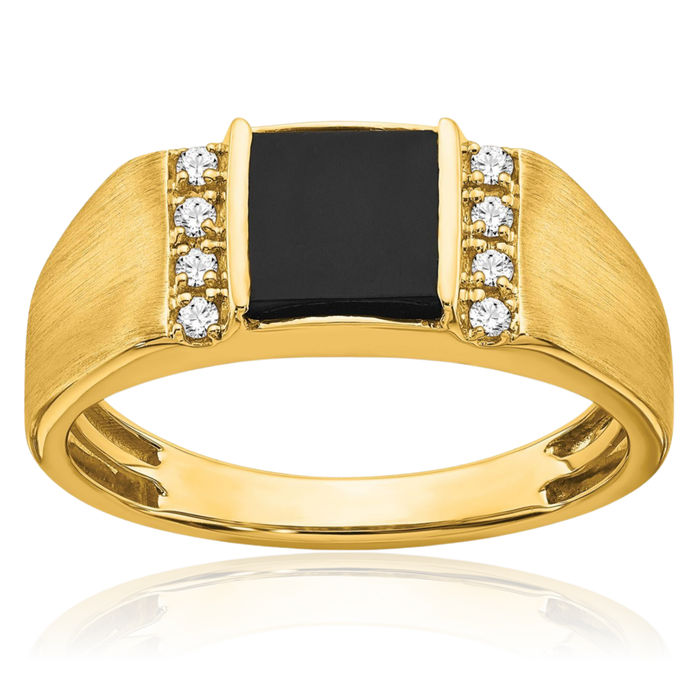 14K Solid Yellow Gold Square Black Onyx Diamond Mens Ring