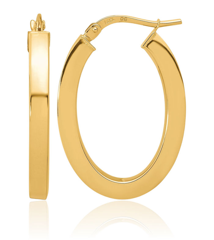 14K Solid Yellow Gold Square Tube Oval Medium Hoop Earrings