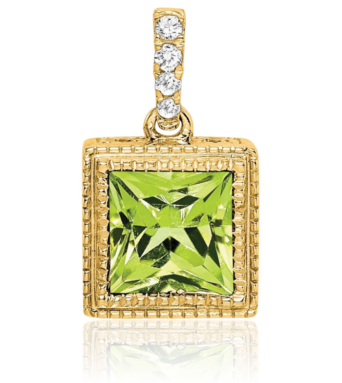 14K Solid Yellow Gold Square Green Peridot Diamond Necklace Charm Gemstone Pendant