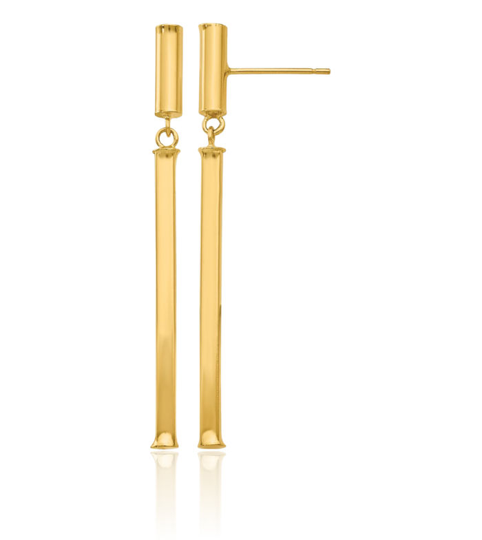 14K Solid Yellow Gold Square Post Line Bar Drop Dangle Earrings