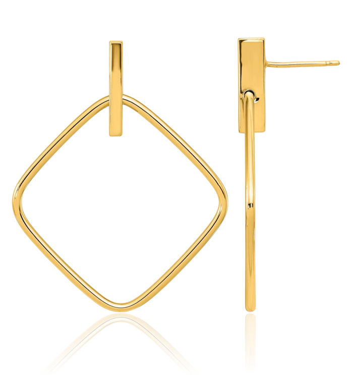 14K Solid Yellow Gold Square Post Line Bar Drop Dangle Earrings