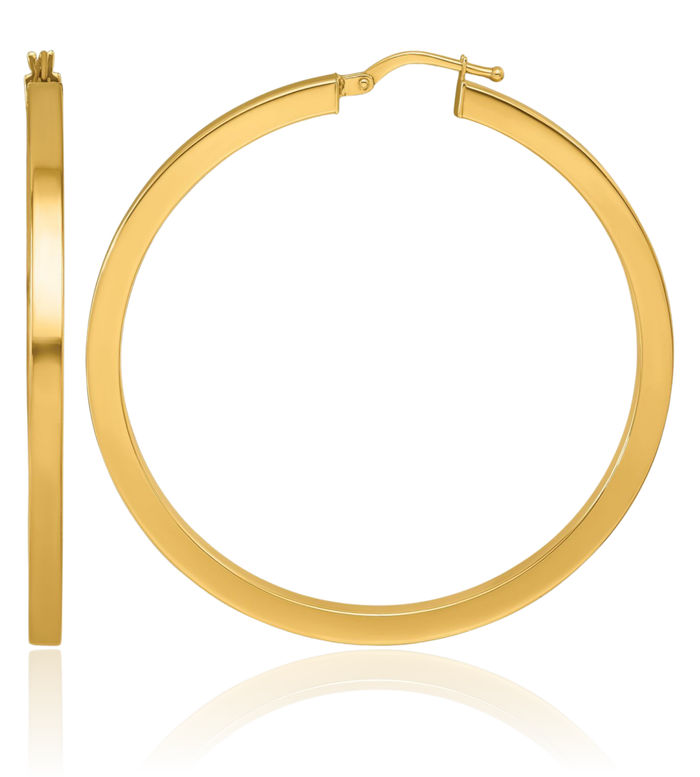 14K Solid Yellow Gold Square Tube Round Large Hoop Earrings