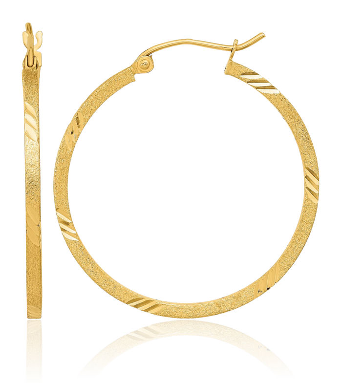 14K Solid Yellow Gold Square Tube Round Medium Hoop Earrings