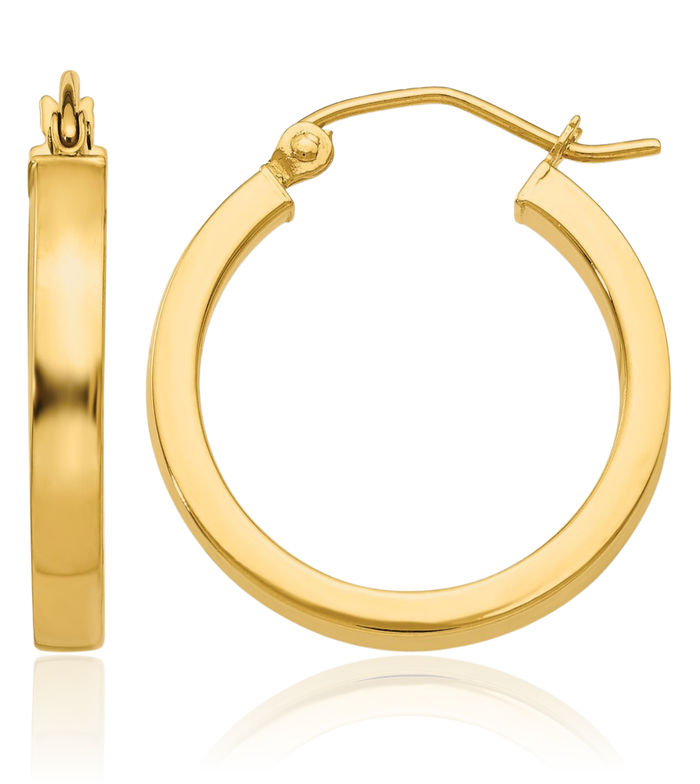 14K Solid Yellow Gold Square Tube Round Medium Hoop Earrings