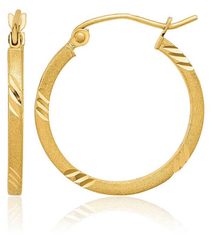 14K Solid Yellow Gold Square Tube Round Medium Hoop Earrings