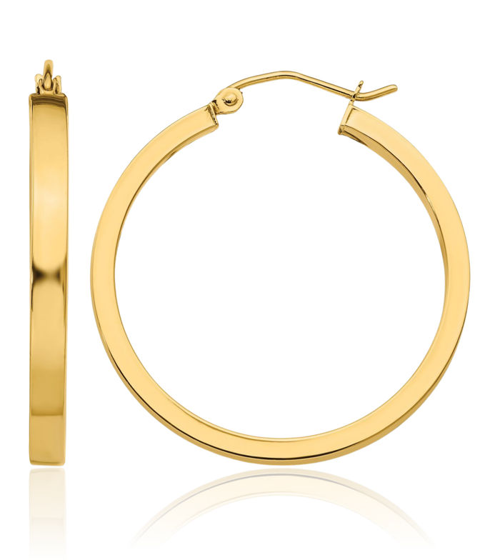 14K Solid Yellow Gold Square Tube Round Medium Hoop Earrings