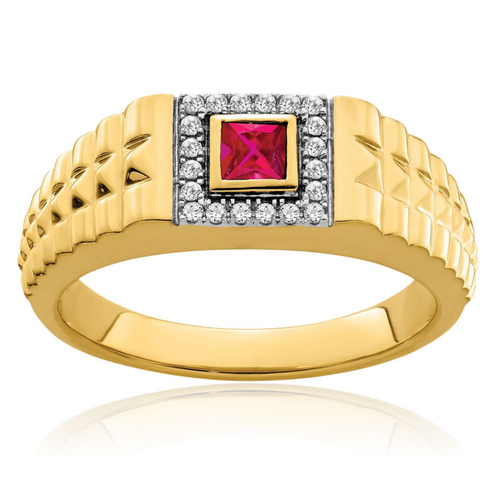 14K Solid Yellow Gold Square Red Ruby Diamond Mens Ring Gemstone Band