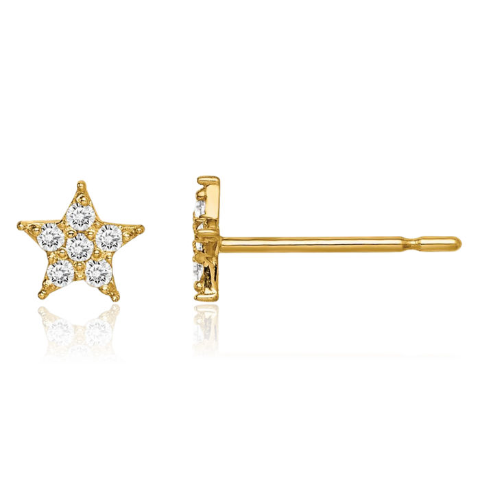 14K Solid Yellow Gold Star Cubic Zirconia CZ Stud Earrings