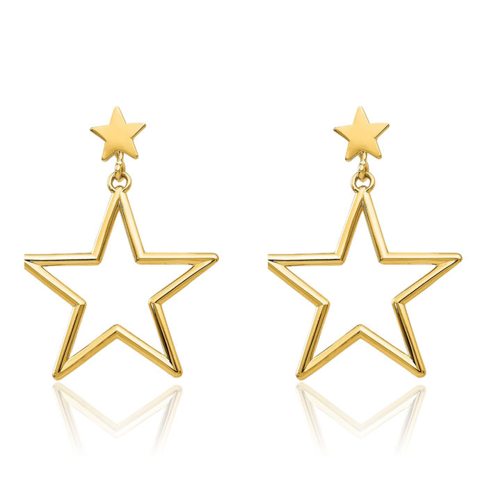 14K Solid Yellow Gold Star Drop Dangle Earrings