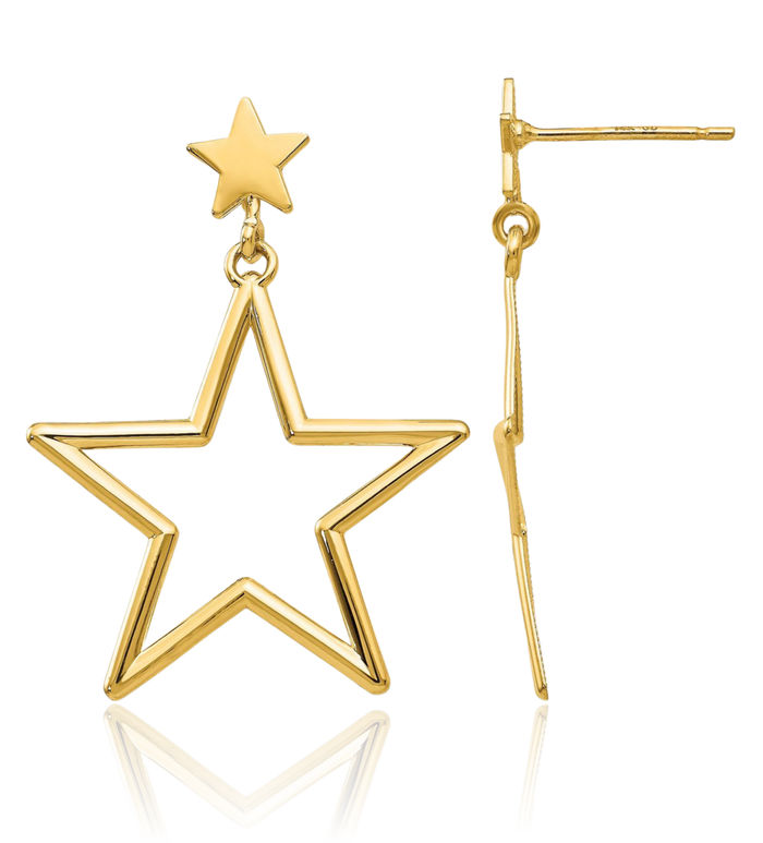 14K Solid Yellow Gold Star Drop Dangle Earrings