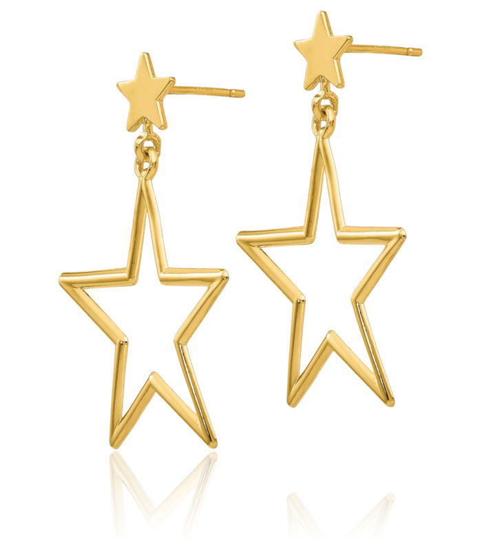 14K Solid Yellow Gold Star Drop Dangle Earrings