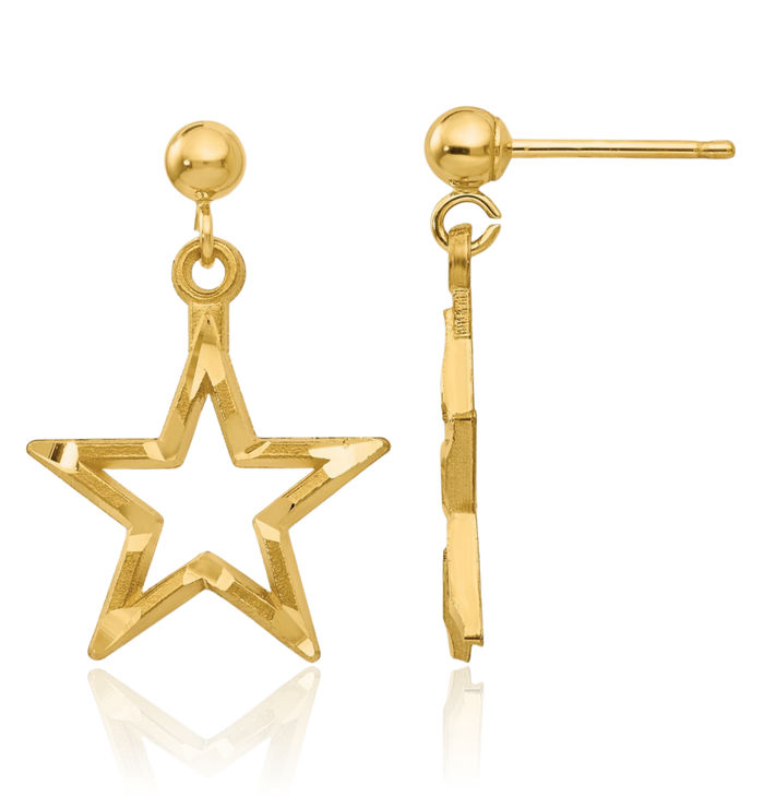 14K Solid Yellow Gold Star Drop Dangle Earrings