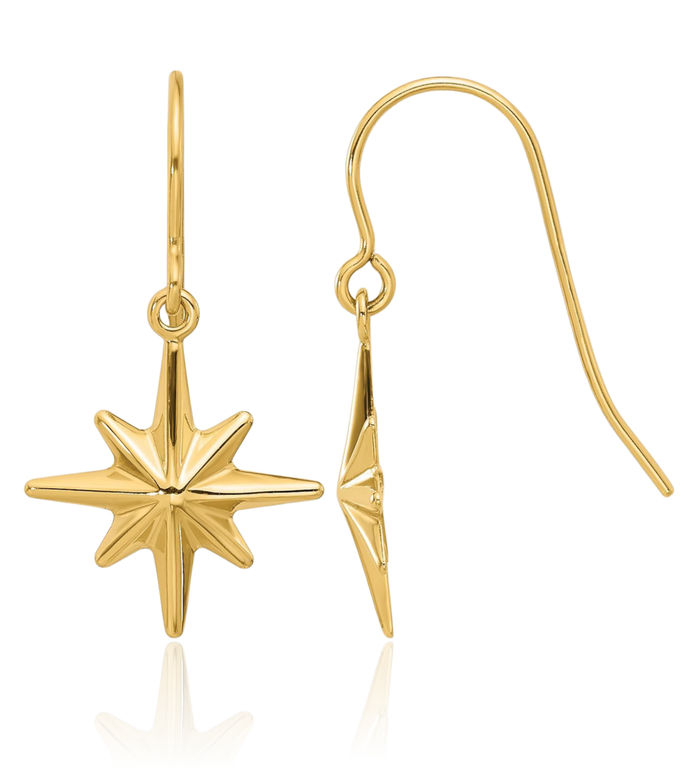 14K Solid Yellow Gold Star Drop Dangle Earrings