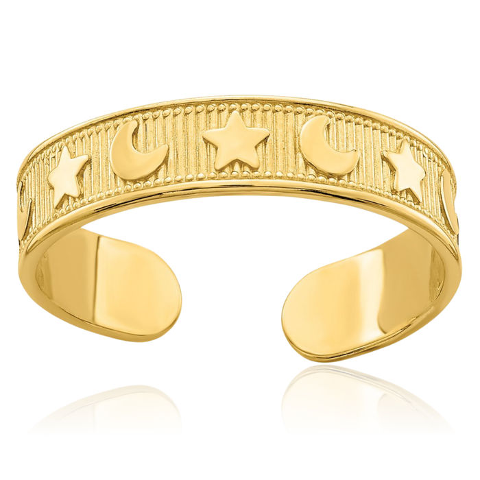 14K Solid Yellow Gold Star Crescent Moon Adjustable Toe Ring Open Midi Band Summer Beach Jewelry Celestial