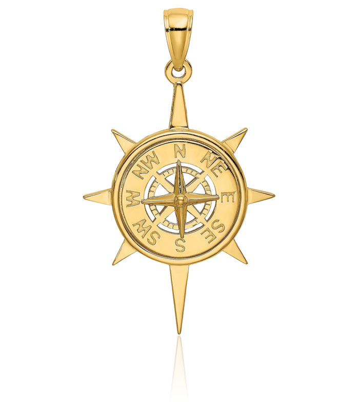 14K Solid Yellow Gold Star Nautical North Compass Necklace Chain Pendant Charm