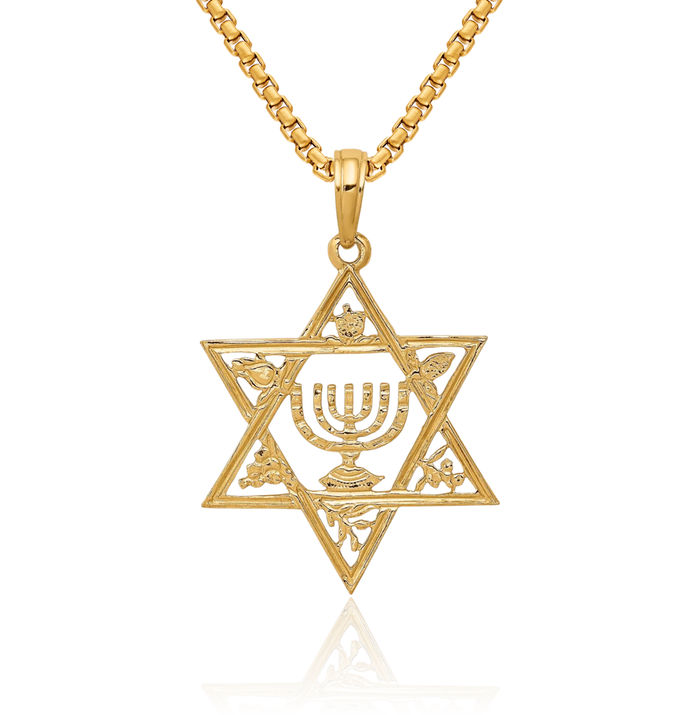 14K Solid Yellow Gold Star of David Jewish Magen Menorah Necklace Judaica Religious Chain Pendant Israel Charm