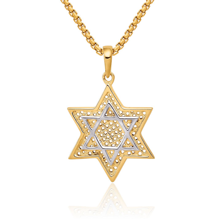 14K Solid Yellow Gold Mesh Star of David Jewish Magen Necklace Judaica Religious Chain Pendant Israel Charm