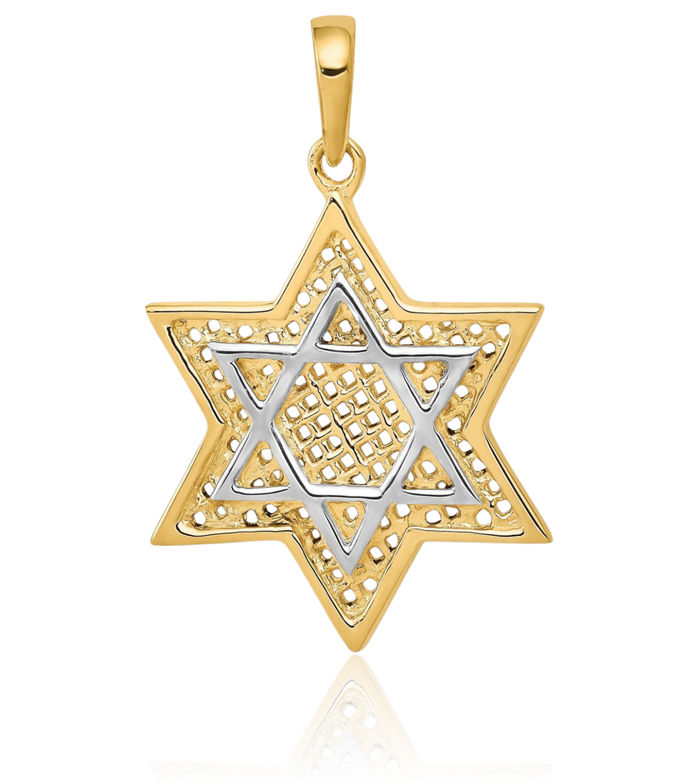 14K Solid Yellow Gold Mesh Star of David Jewish Magen Necklace Judaica Religious Chain Pendant Israel Charm