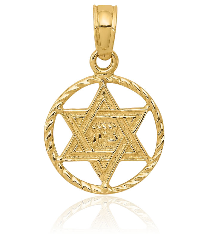 14K Solid Yellow Gold Star of David Jewish Magen Circle Round Necklace Judaica Religious Chain Pendant Israel Charm