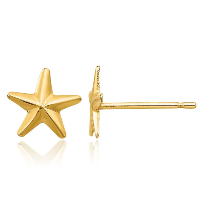 14K Solid Yellow Gold Star Stud Earrings