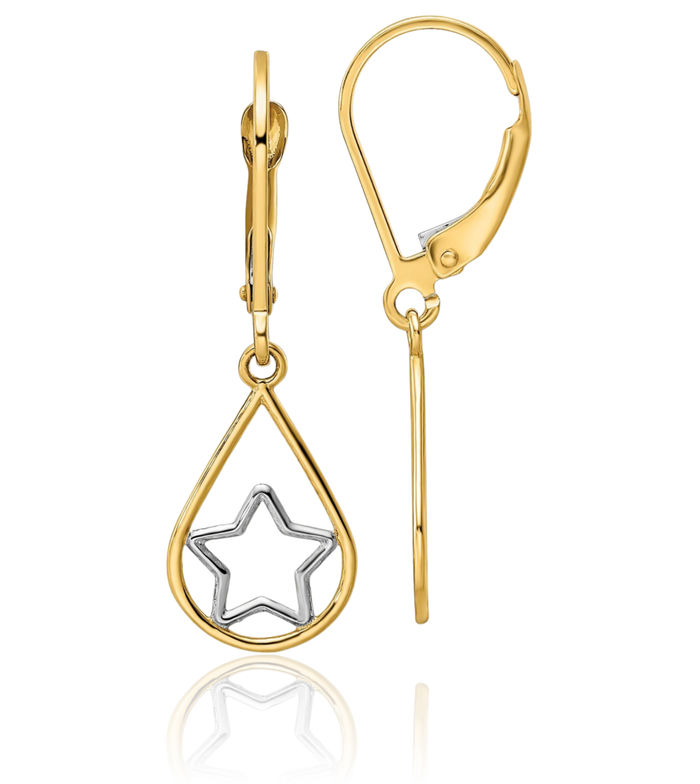 14K Solid Yellow Gold Star Teardrop Drop Dangle Earrings