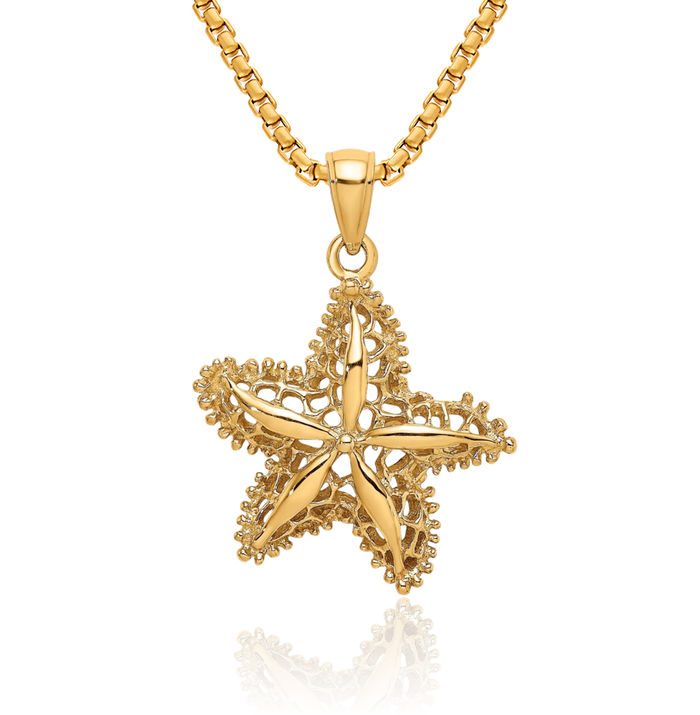 14K Solid Yellow Gold Starfish Antique Filigree Necklace Chain Pendant Charm