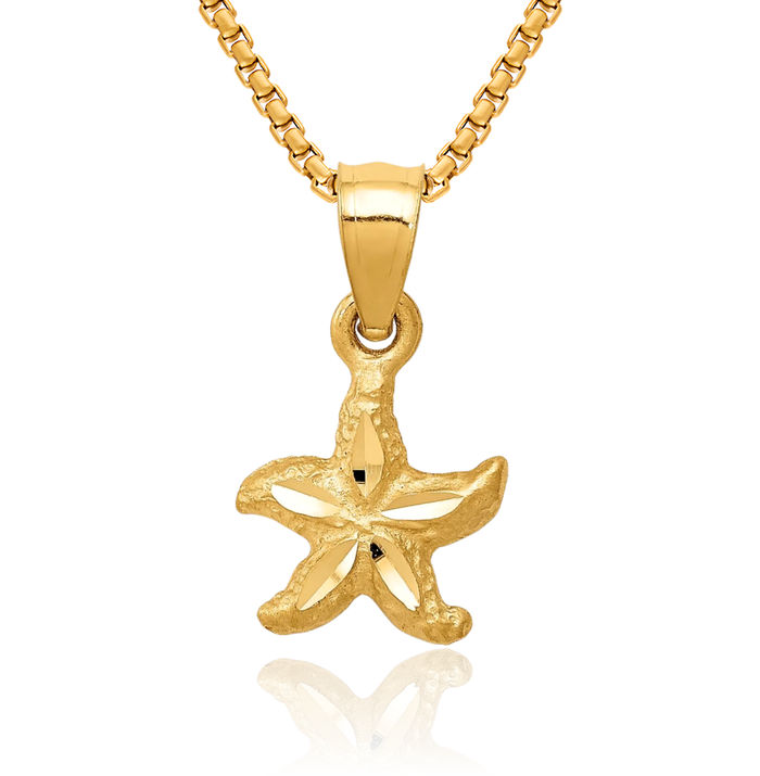 14K Solid Yellow Gold Starfish Necklace Chain Pendant Charm