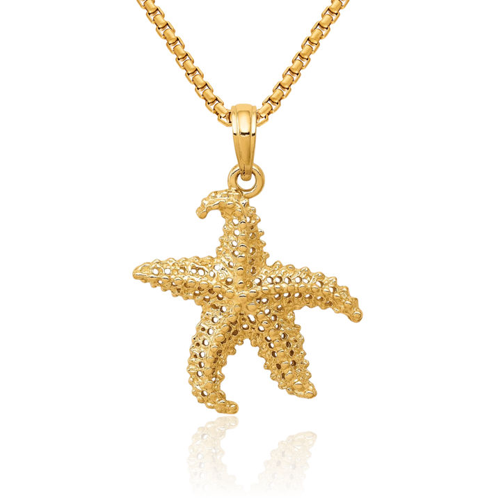 14K Solid Yellow Gold Starfish Necklace Chain Pendant Charm