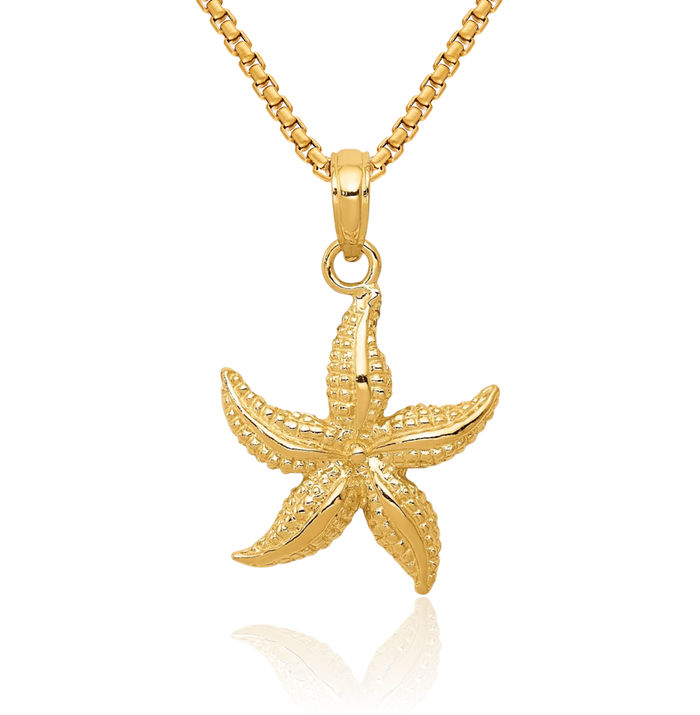14K Solid Yellow Gold Starfish Necklace Chain Pendant Charm