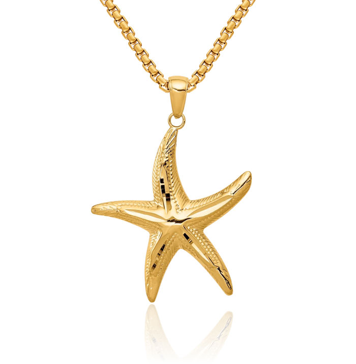14K Solid Yellow Gold Starfish Necklace Chain Pendant Charm