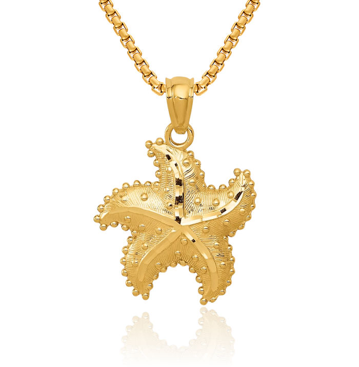 14K Solid Yellow Gold Starfish Necklace Chain Pendant Charm