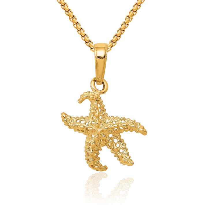 14K Solid Yellow Gold Starfish Necklace Chain Pendant Charm