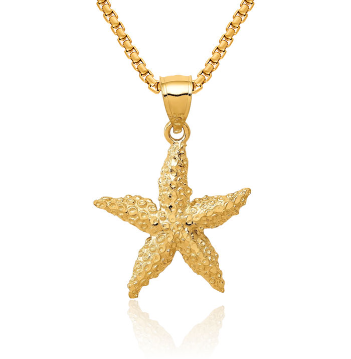 14K Solid Yellow Gold Starfish Necklace Chain Pendant Charm