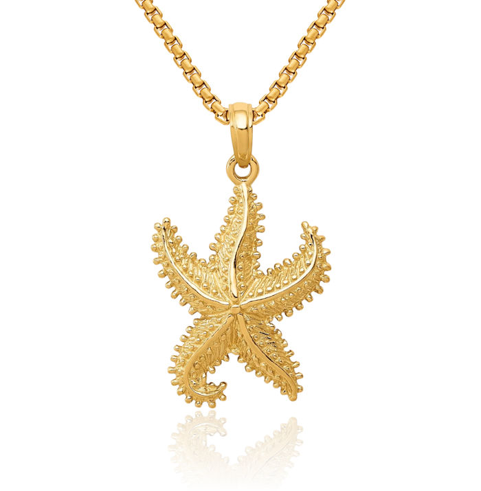 14K Solid Yellow Gold Starfish Necklace Chain Pendant Charm