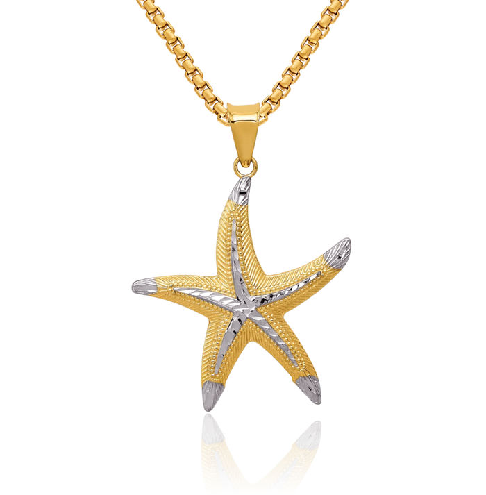14K Solid Yellow Gold Starfish Necklace Chain Pendant Charm