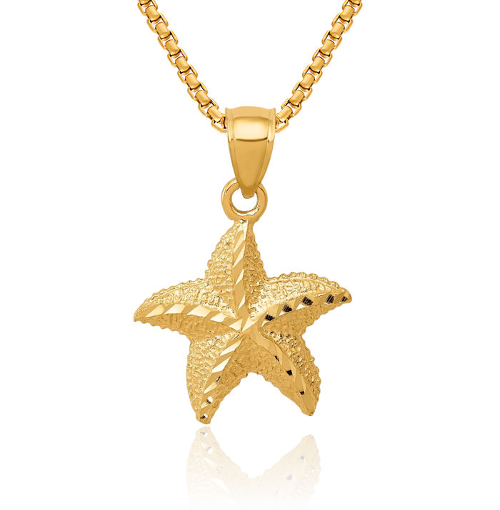 14K Solid Yellow Gold Starfish Necklace Chain Pendant Charm