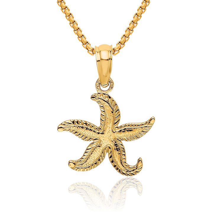 14K Solid Yellow Gold Starfish Necklace Chain Pendant Charm