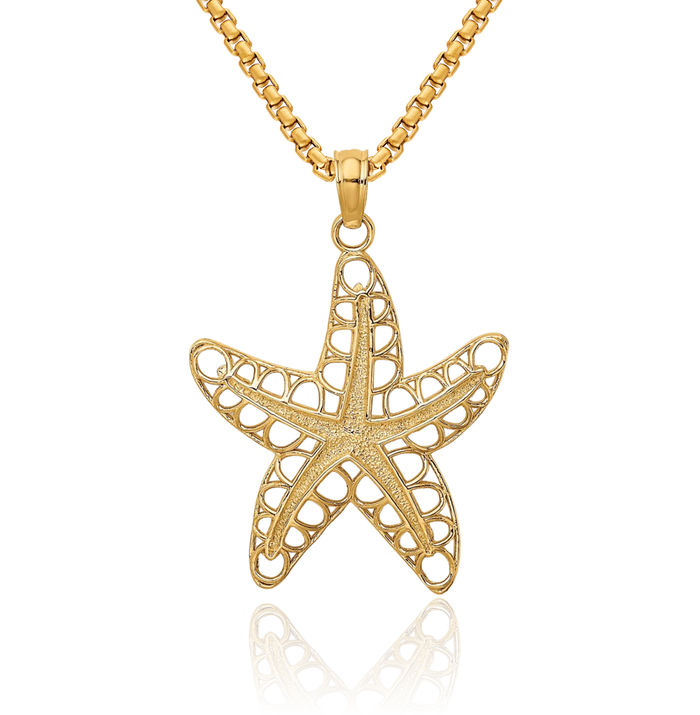 14K Solid Yellow Gold Starfish Necklace Chain Pendant Charm