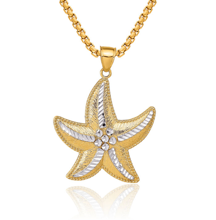 14K Solid Yellow Gold Starfish Necklace Chain Pendant Charm