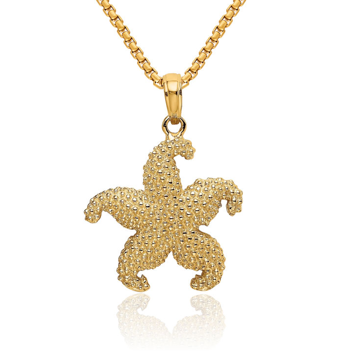 14K Solid Yellow Gold Starfish Necklace Chain Pendant Charm