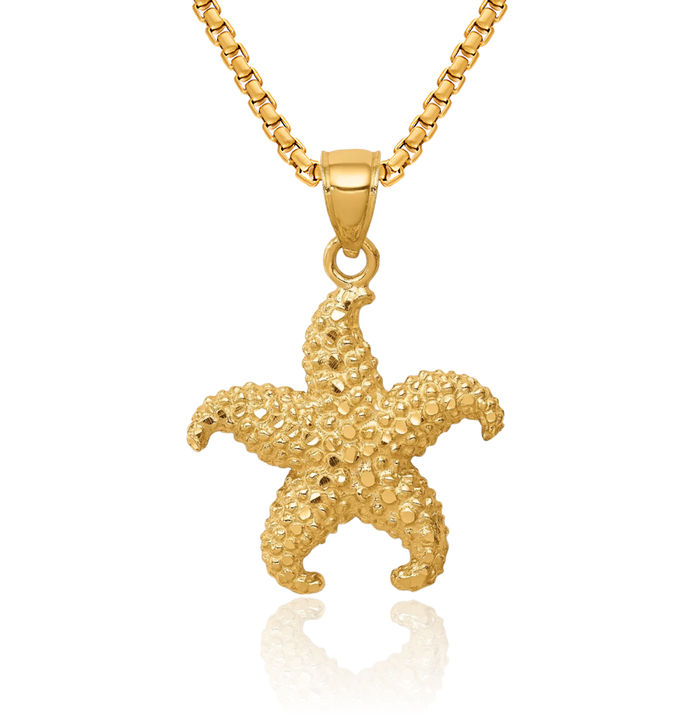 14K Solid Yellow Gold Starfish Necklace Chain Pendant Charm