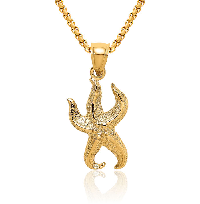 14K Solid Yellow Gold Starfish Necklace Chain Pendant Charm